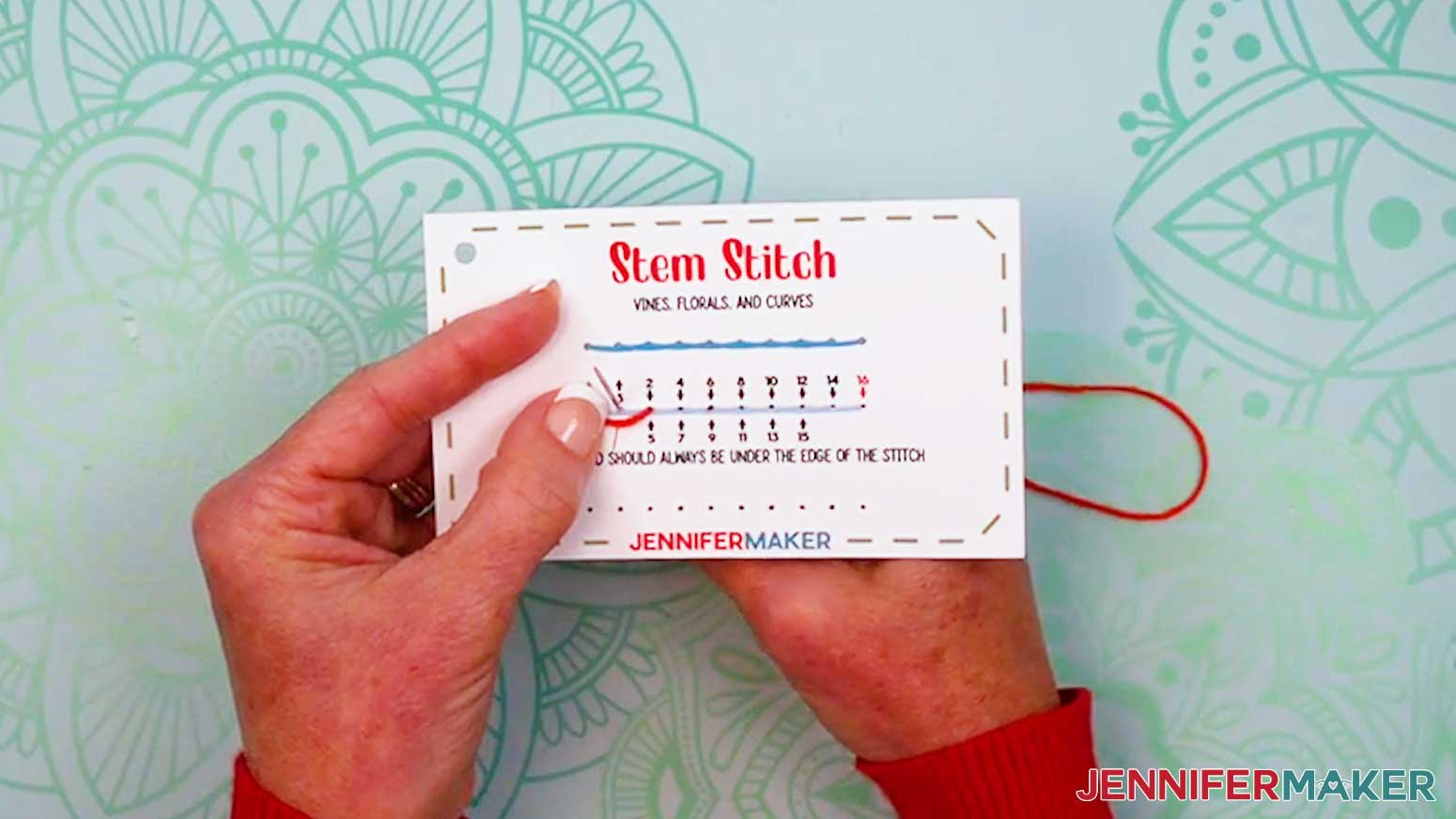 Push the needle up through hole 3 of the Embroidery Stitch Book Stem Stitch page.