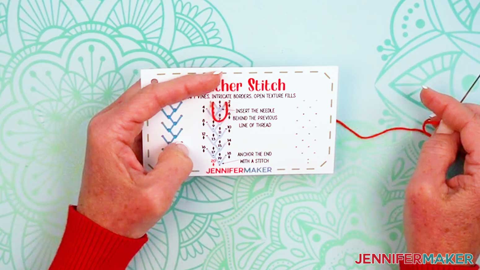 Push the needled down through hole two of the Embroidery Stitch Book Feather Stitch page.