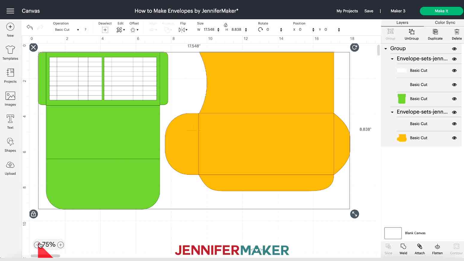 A screenshot of zooming in Cricut Design Space for a tutorial teaching how to make an envelope.