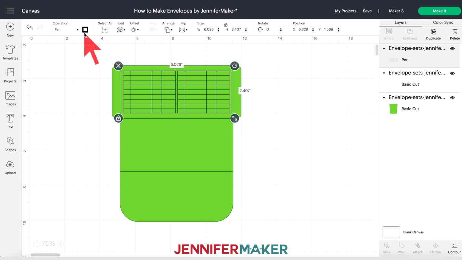 A screenshot of changing pen color in Cricut Design Space for a tutorial teaching how to make an envelope.