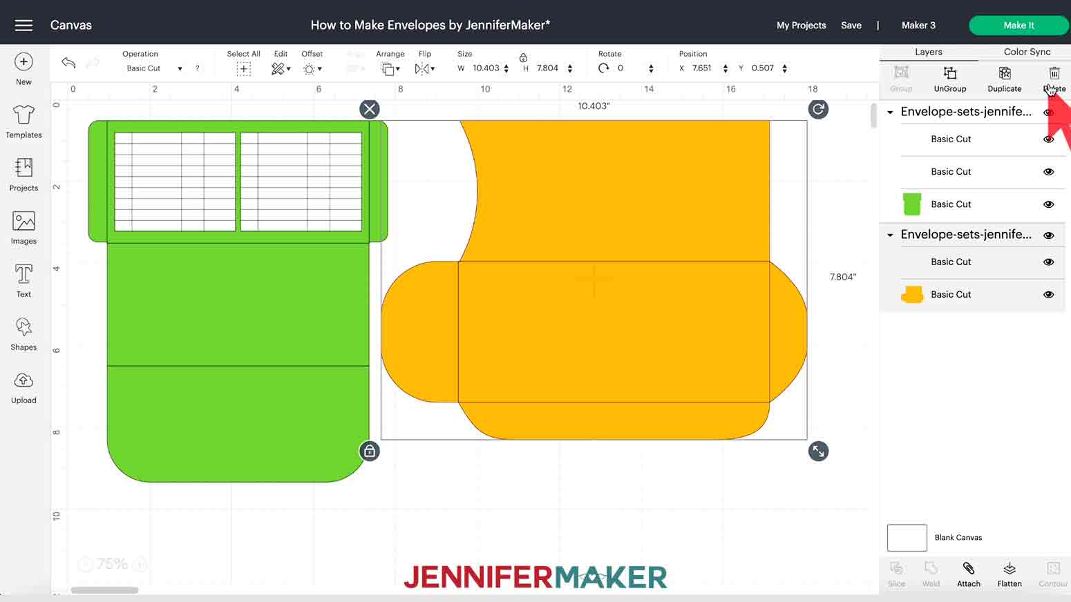 A screenshot of deleting items in Cricut Design Space for a tutorial teaching how to make an envelope.