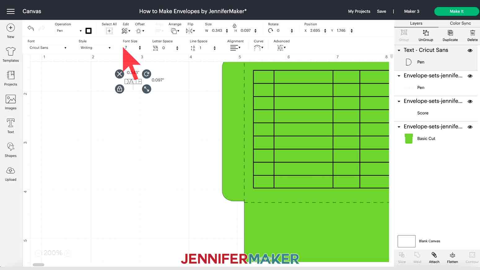 A screenshot of changing text size in Cricut Design Space for a tutorial teaching how to make an envelope.