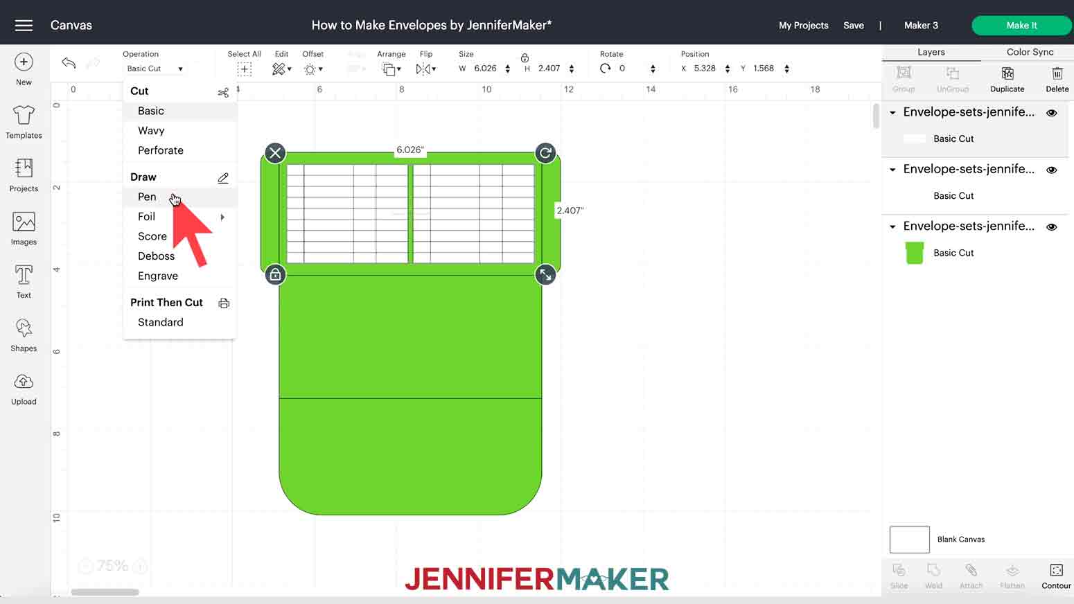 A screenshot of adding text in Cricut Design Space for a tutorial teaching how to make an envelope.