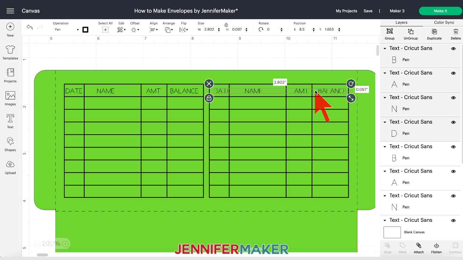 A screenshot of moving duplicated text in Cricut Design Space for a tutorial teaching how to make an envelope.