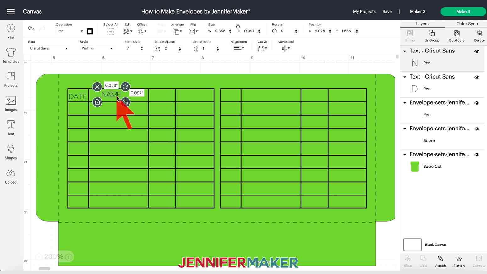 A screenshot of moving text in Cricut Design Space for a tutorial teaching how to make an envelope.