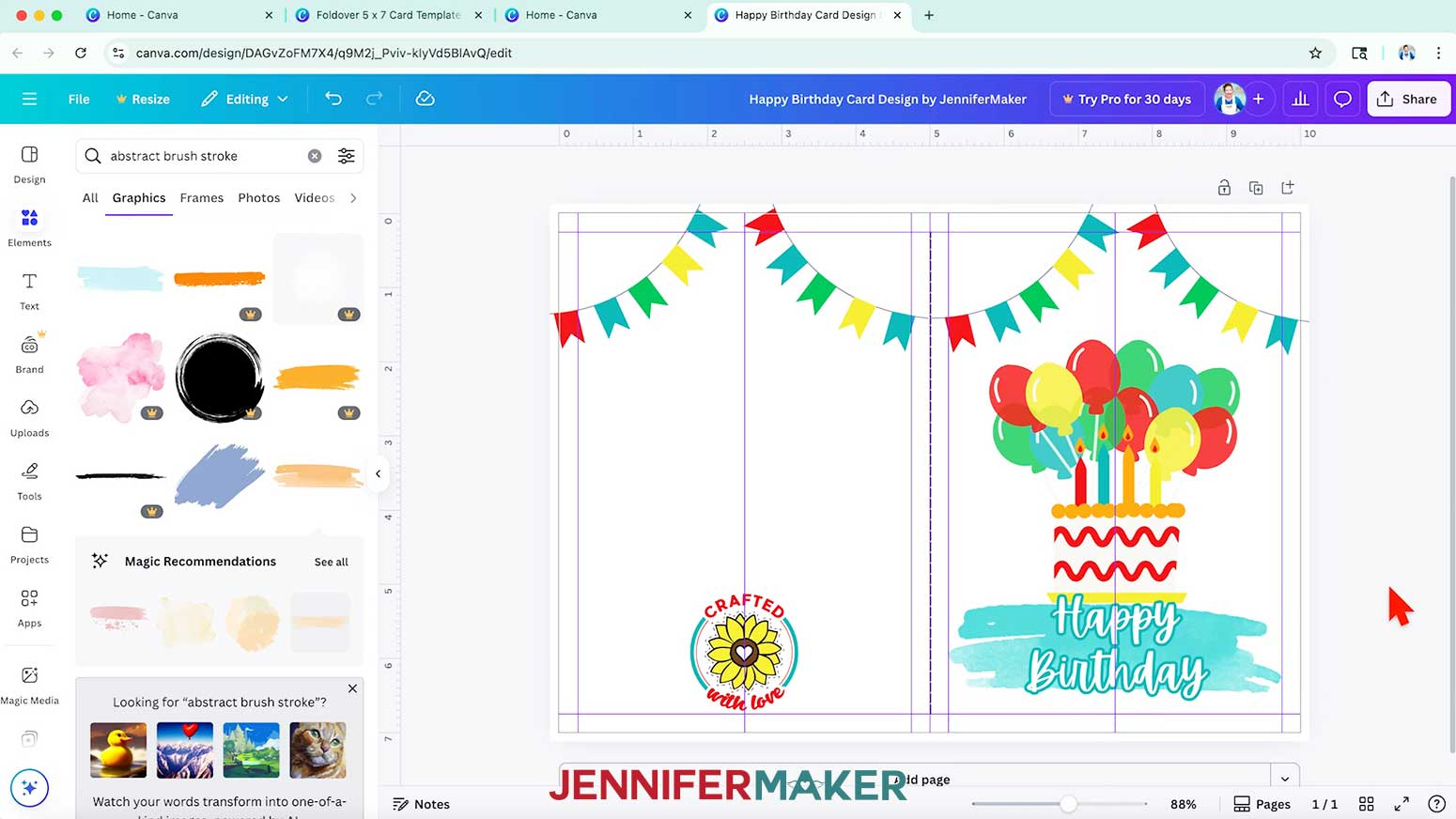 All the birthday elements placed on the foldover card design in Canva.