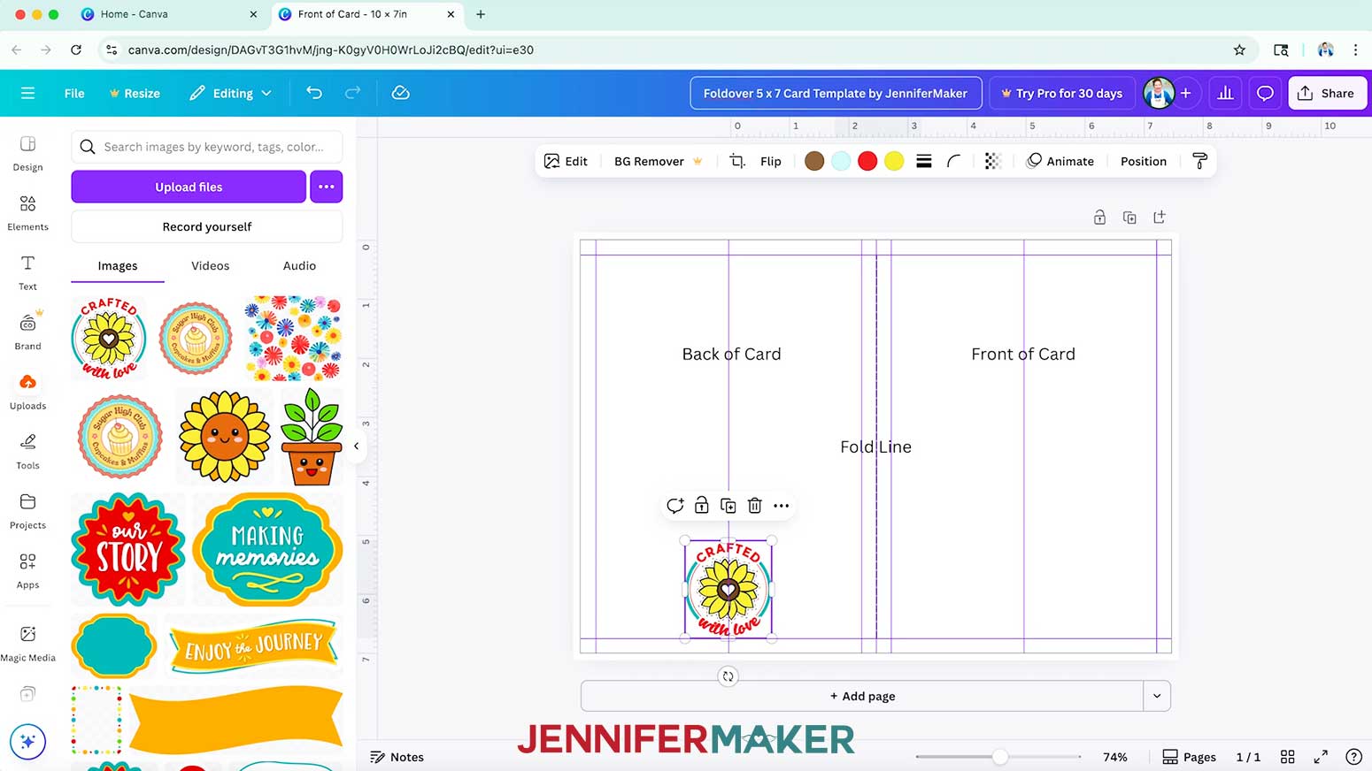On the Canva card template, center the "Crafted with Love" logo just above the bottom margin guide on the back of the card.