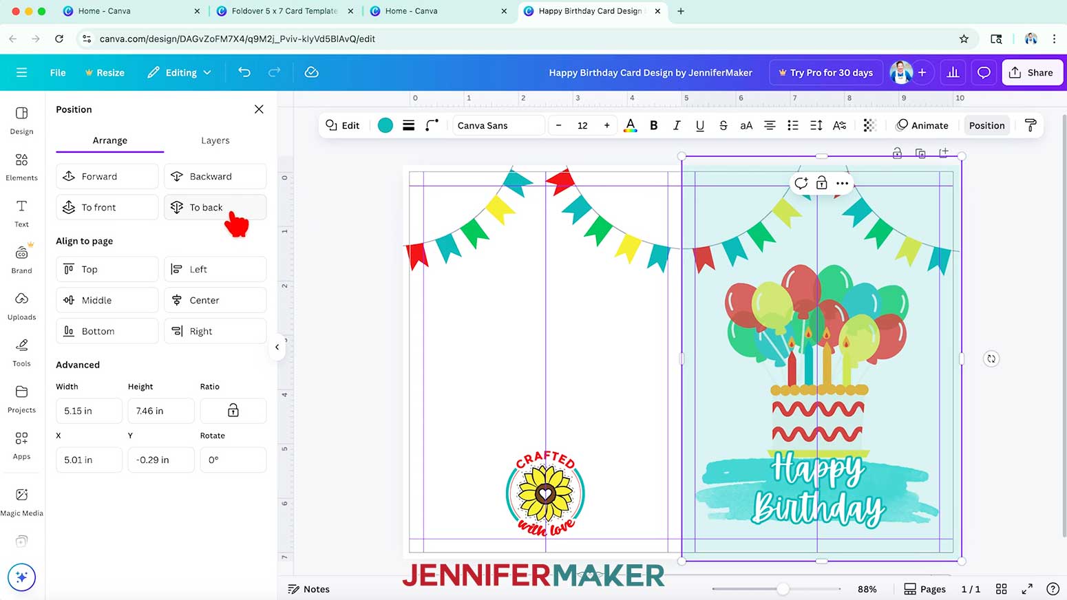 In Canva, click the “Position” button in the top bar. Under the "Arrange" tab, select “To back.”