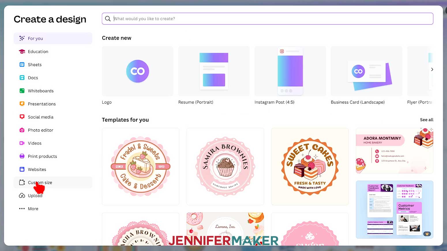 On the Canva Home screen, click the “Create a design” button, then click the “Custom size” button.