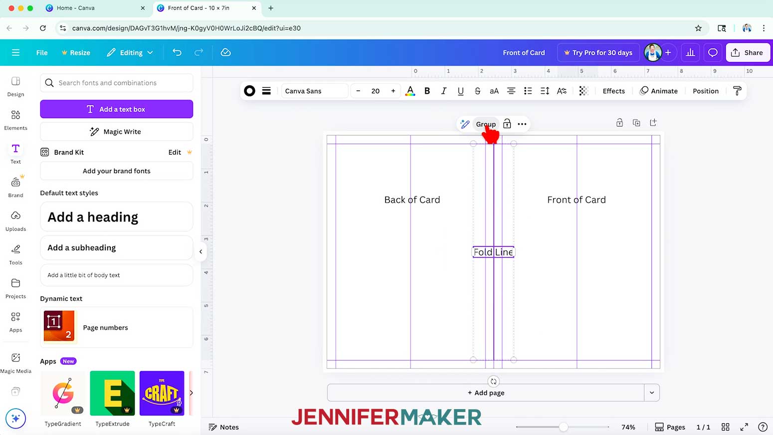 Drag a selection box over two elements in Canva and click the “Group” icon to keep them together.