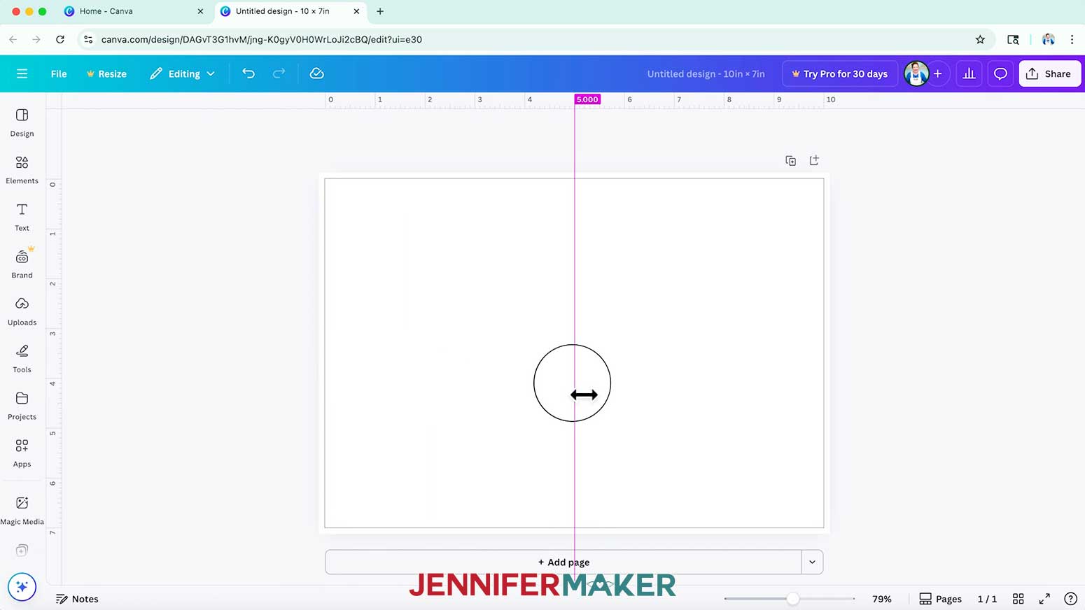 To start making a card template in Canva, click and drag from the left ruler until the purple measure box reads 5”.