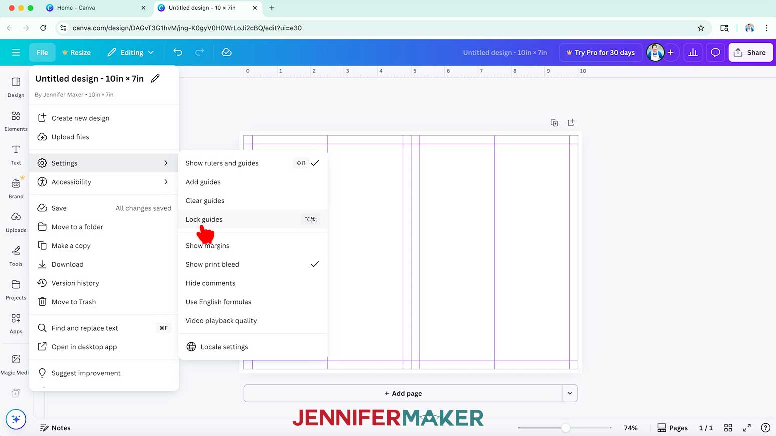 In Canva, go to “File,” hover over “Settings,” and select “Lock guides.”