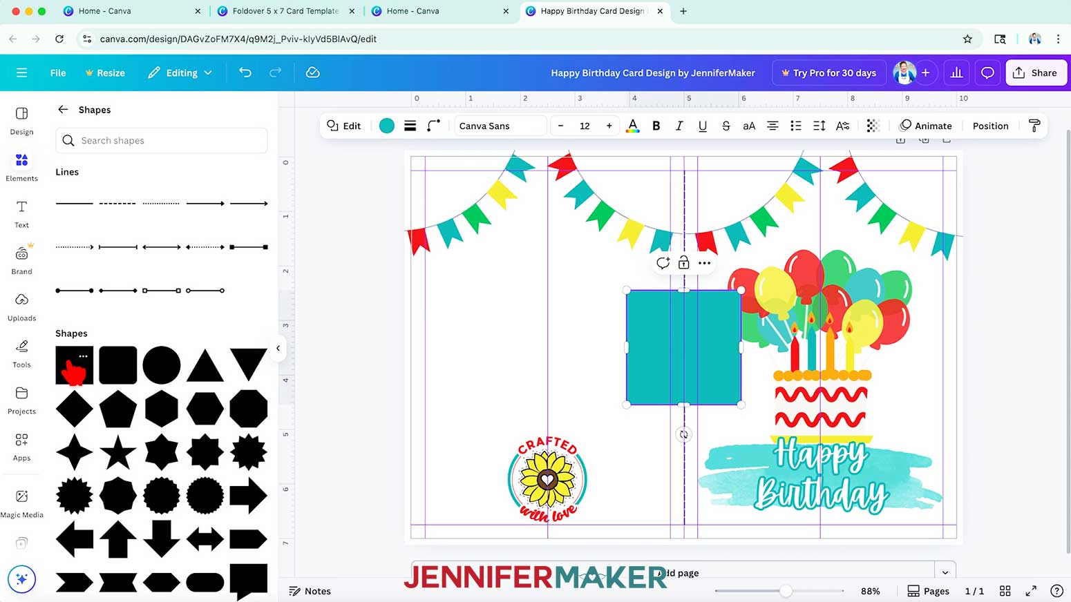 In Canva, click on “Elements,” browse to “Shapes,” and select a free square shape to add it to your canvas.