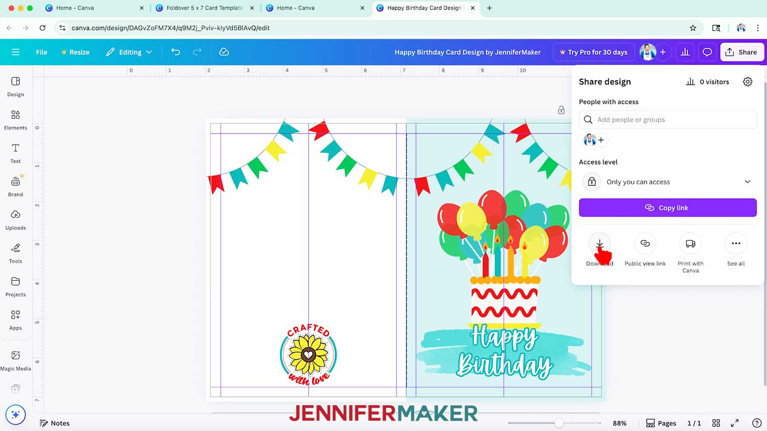 In Canva, click “Share” in the top menu, then select “Download.”