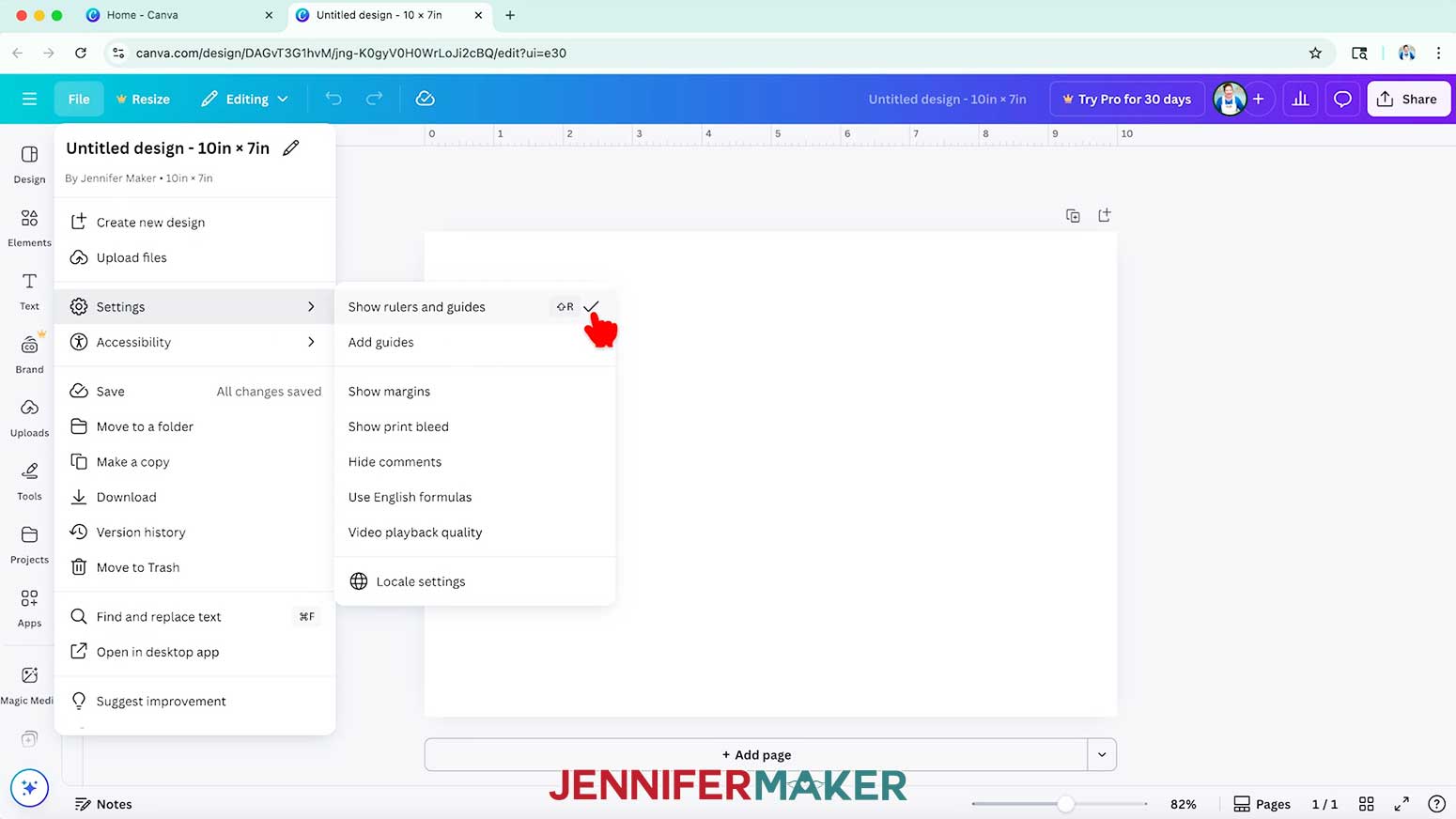 Click on “File,” hover over “Settings,” and make sure “Show rulers and guides” has a checkmark beside it.