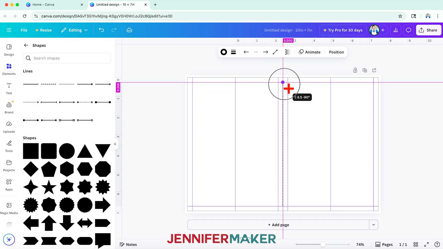 Drag the handles on both ends of a line element to resize it.
