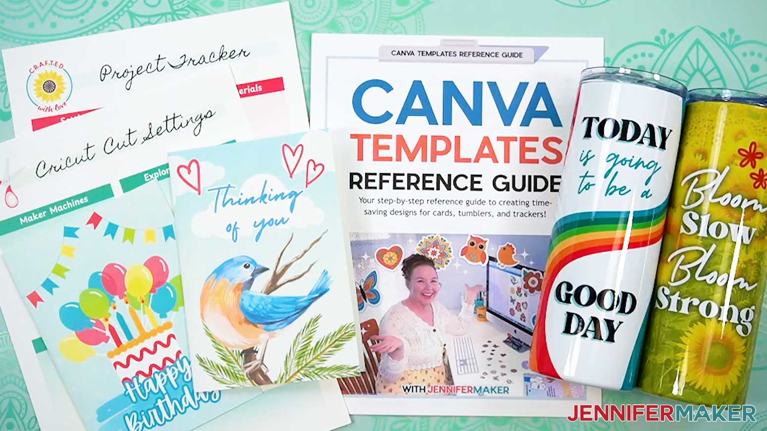 Finished foldover cards, tracking sheets, tumblers, and printed reference guide for the How to Make Canva Templates project.