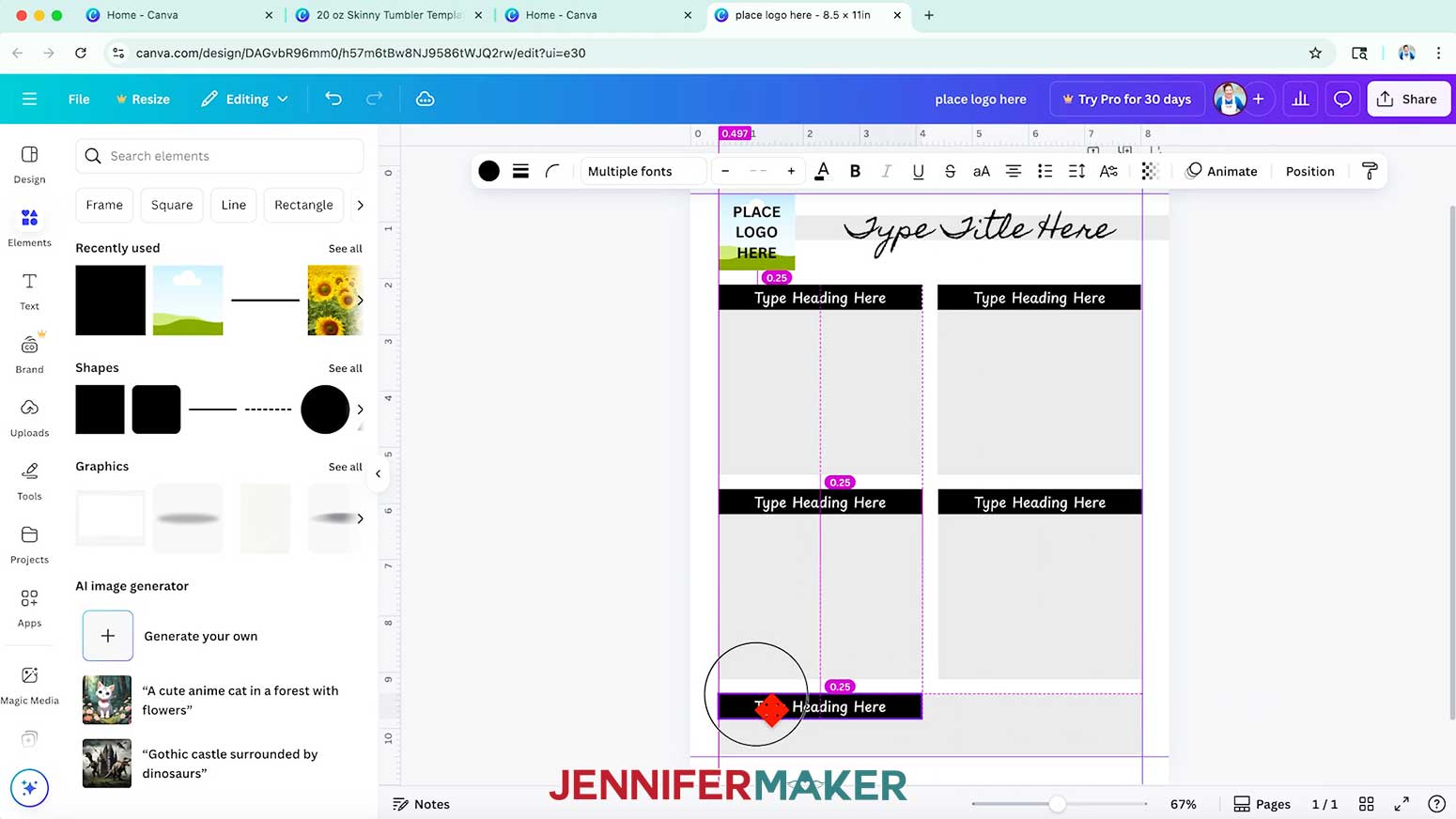 Five labels with white text that say &ldquo;Type Heading Here&rdquo; on top of black bars for the Canva tracking sheet template sections.