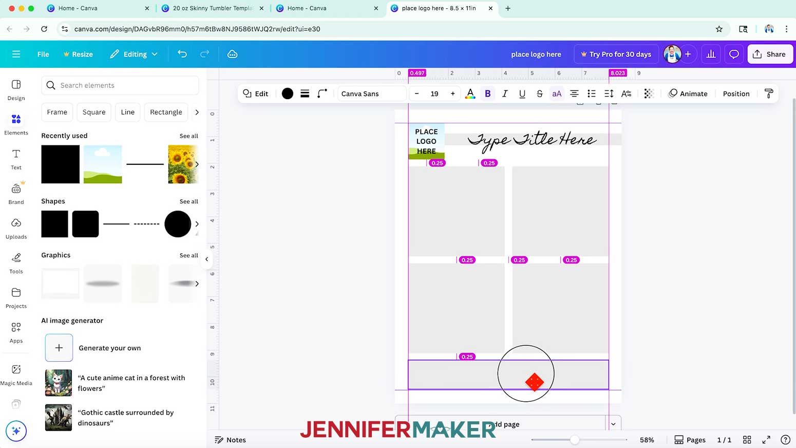 In Canva, drag the rectangle&rsquo;s top edge down until it snaps into place with the same buffer amounts as the other elements, which are noted in pink ovals.