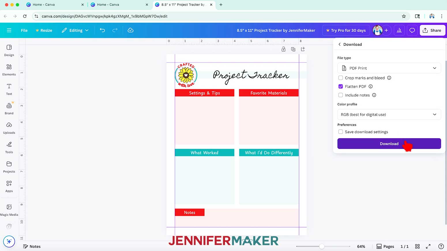 In Canva, click &ldquo;Download,&rdquo; set the "File type" to "PDF Print," and make sure the box next to &ldquo;Flatten PDF&rdquo; is selected.