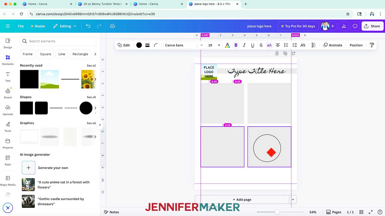 Duplicate the section box for your tracking sheet template three times, then position the four squares evenly on the Canva page within the margin guides.