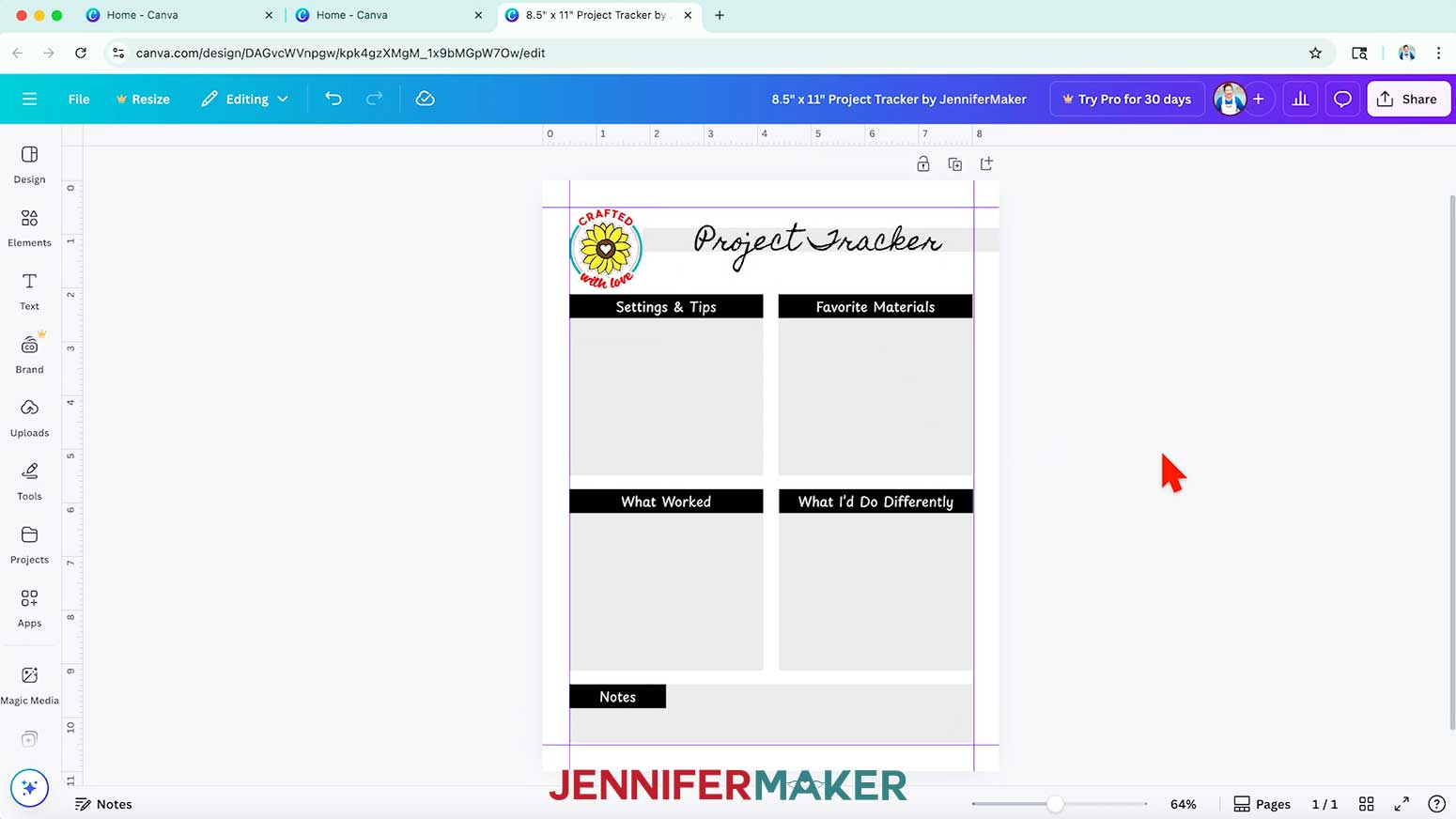 The Crafted with Love logo in the top left corner of the Canva tracking sheet.