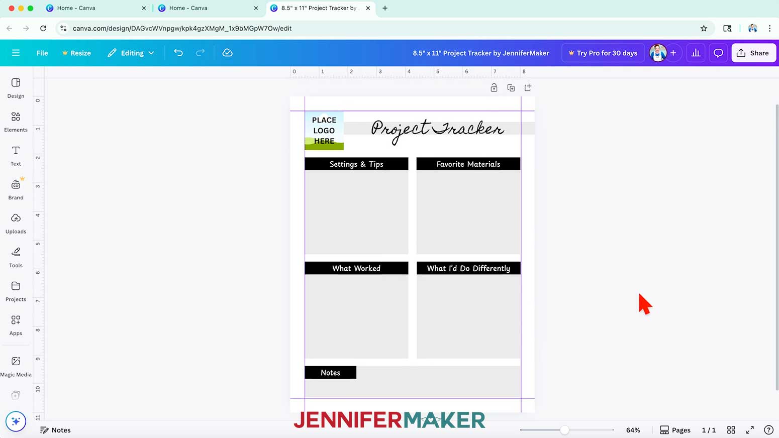 In Canva, replace the heading text for each section of your custom tracking sheet.