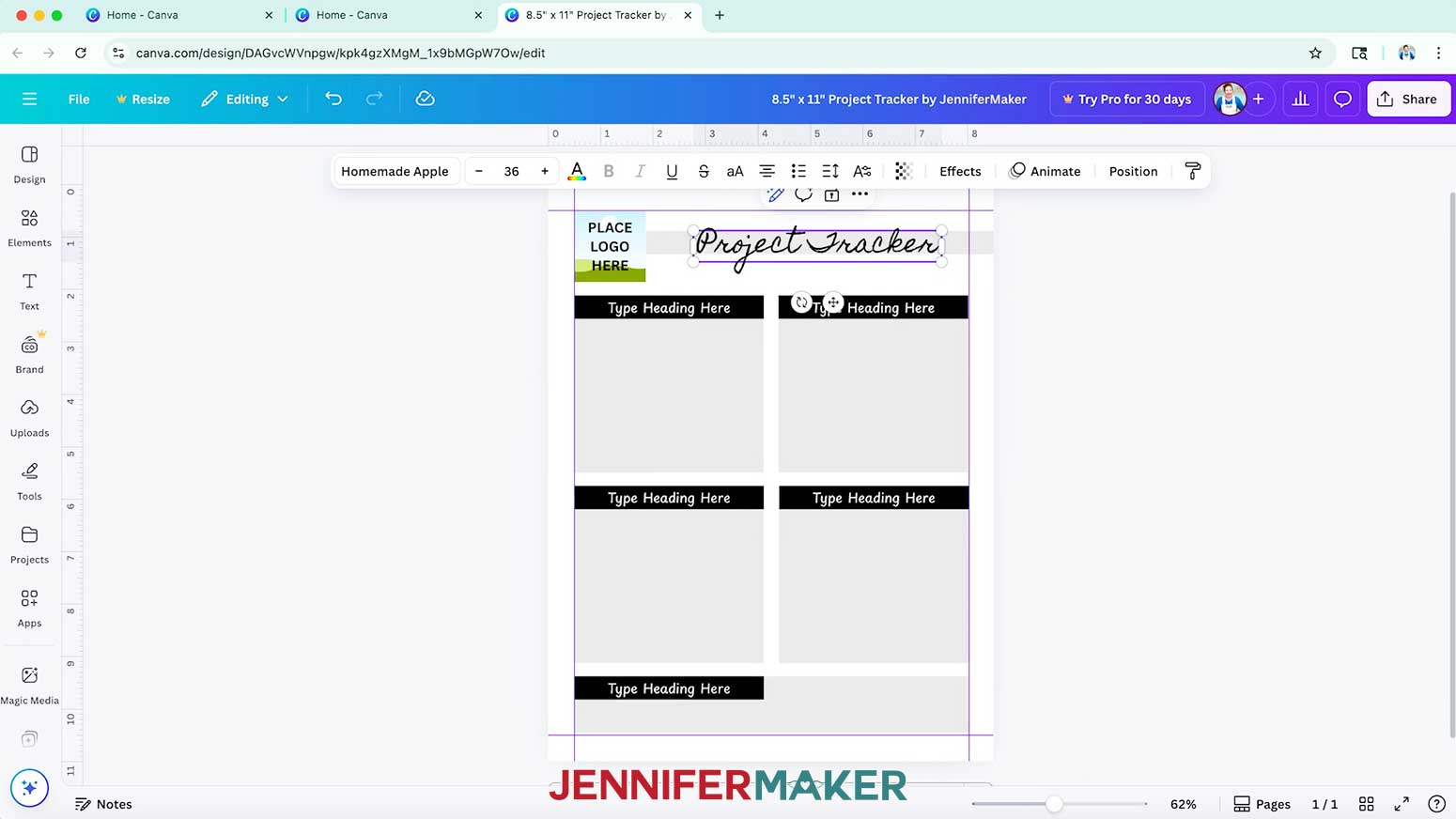 Click the &ldquo;Type Title Here&rdquo; text box and enter a title for your project tracking sheet in Canva.