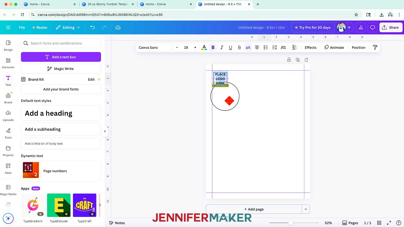 Add a text box for your logo placeholder label with the words &ldquo;Place Logo Here&rdquo; on multiple lines in bold and uppercase formatting.