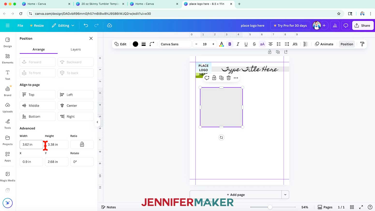 Under the "Arrange" tab in the &ldquo;Advanced&rdquo; section, enter "3.62" in the &ldquo;Width&rdquo; field and "3.38&rdquo; in the &ldquo;Height&rdquo; field to make a section box for your Canva tracking sheet template.
