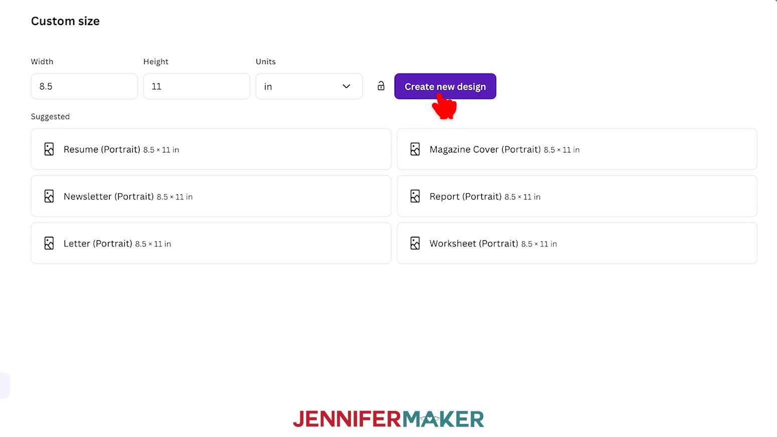 Enter "8.5" in the &ldquo;Width&rdquo; field and "11" in the &ldquo;Height&rdquo; field to create a letter-sized tracking sheet template in Canva.