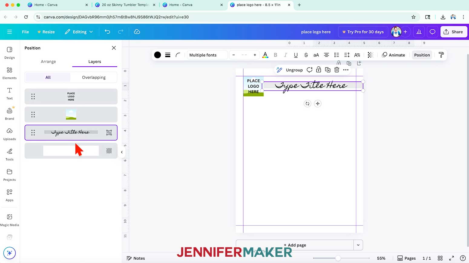 In Canva, click the &ldquo;Position&rdquo; button in the Edit bar, switch to the &ldquo;Layers&rdquo; tab, and drag the title bar layer behind the logo placeholder layer.