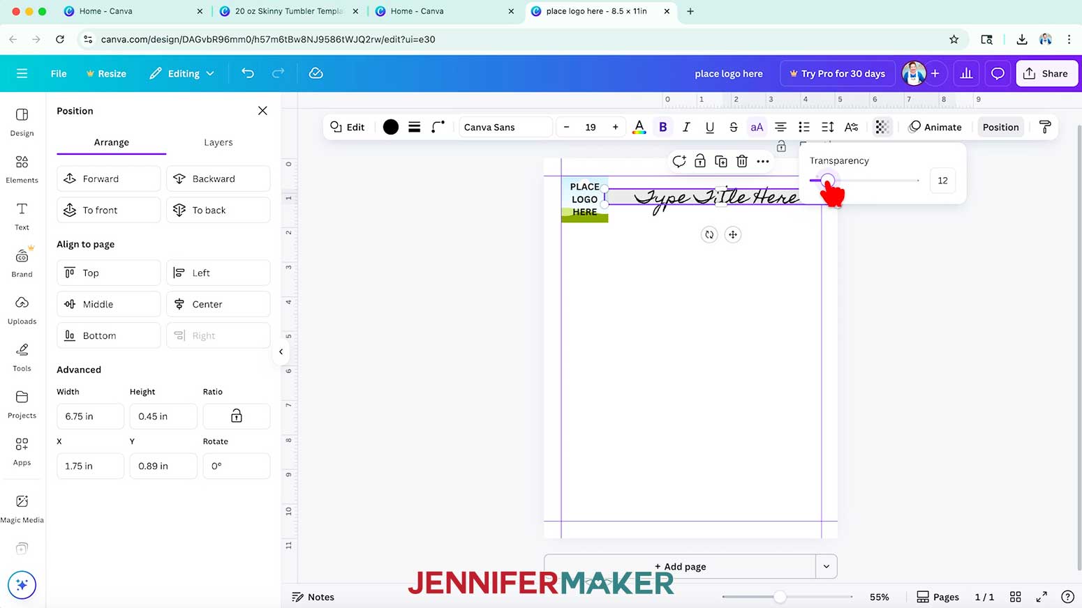 In Canva, click the &ldquo;Transparency&rdquo; button in the top bar and use the slider to change the value to 12.