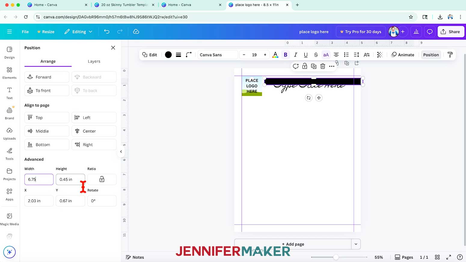 A long, black rectangle shape that is 0.45 inches tall for the tracking sheet template design in Canva.