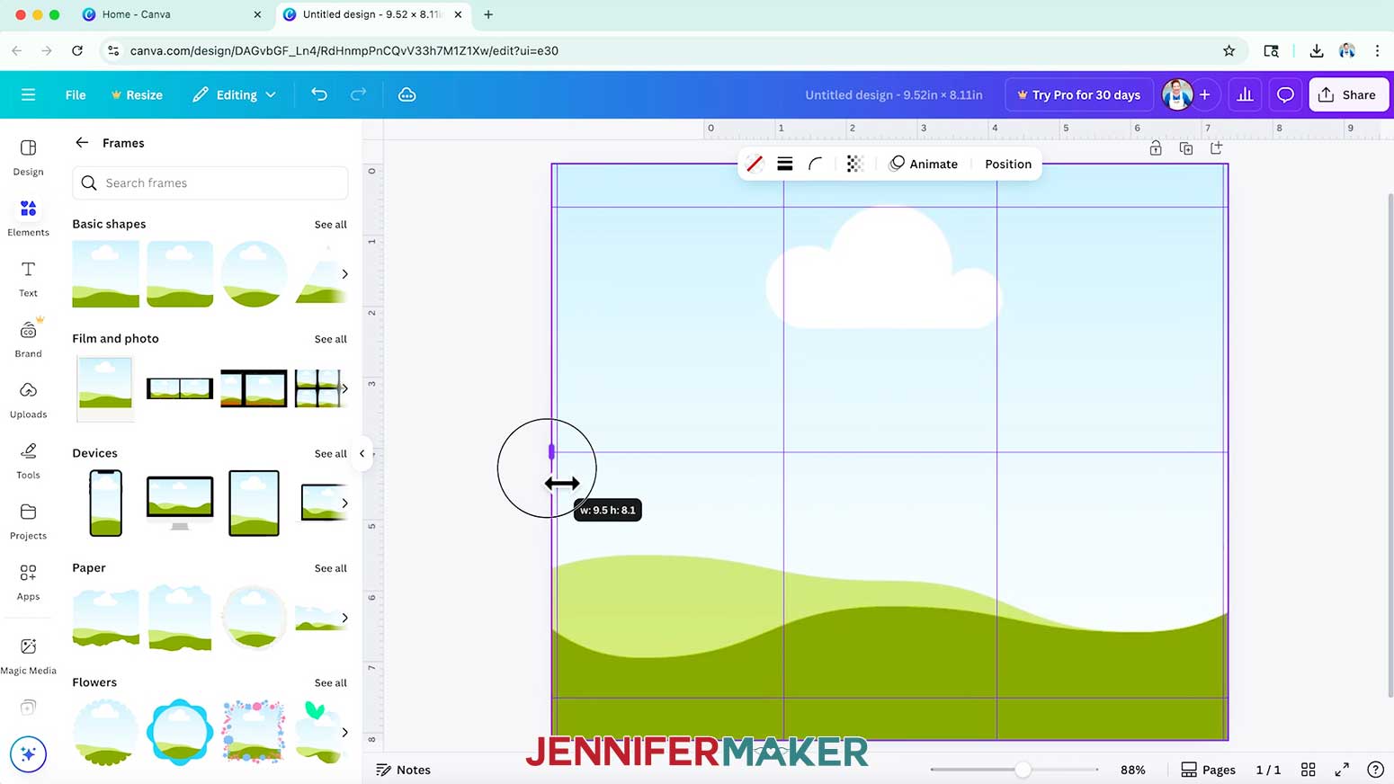 Add a standard square frame to your tumbler template canvas, then drag the edges of the frame so it fills up the entire canvas.