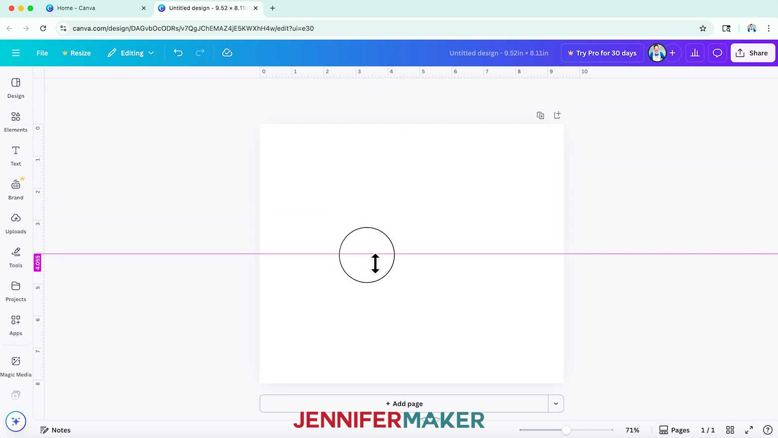 In Canva, click and drag down from the top ruler until the line turns pink in the center of your canvas.