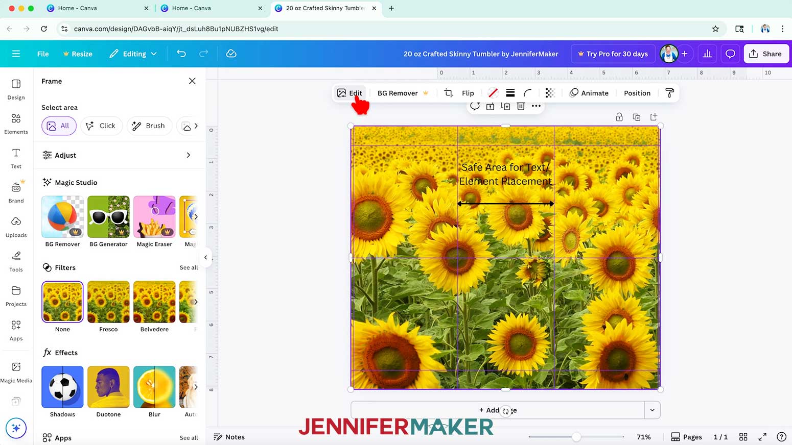 Select an image on your canvas and click “Edit” to adjust the color filters.