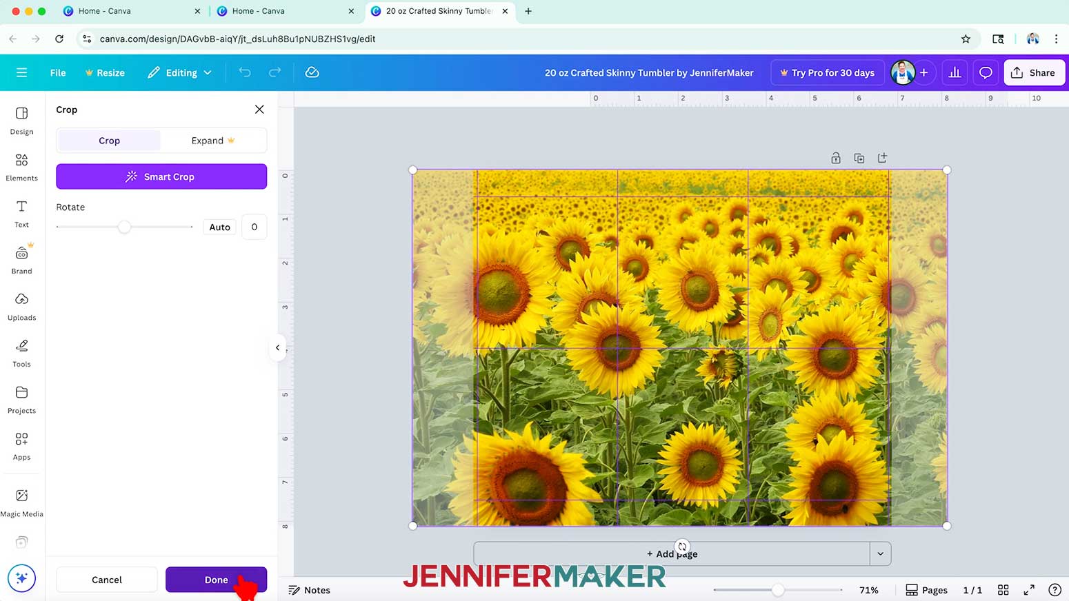 Double-click on an image Frame to bring up the “Crop” menu in Canva.