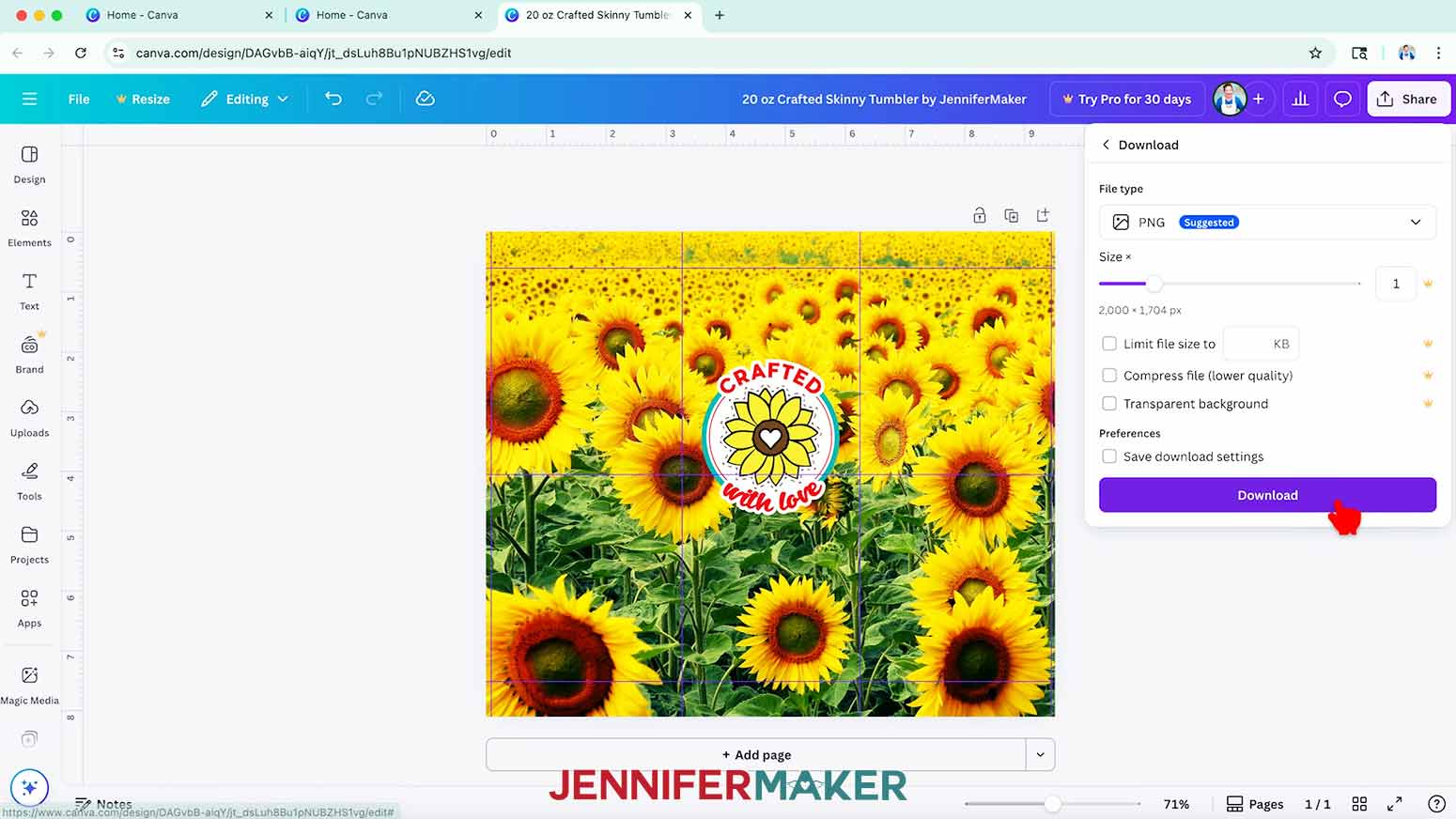 In Canva, click “Share” in the top menu, then select “Download,” and make sure the file type is set to PNG.
