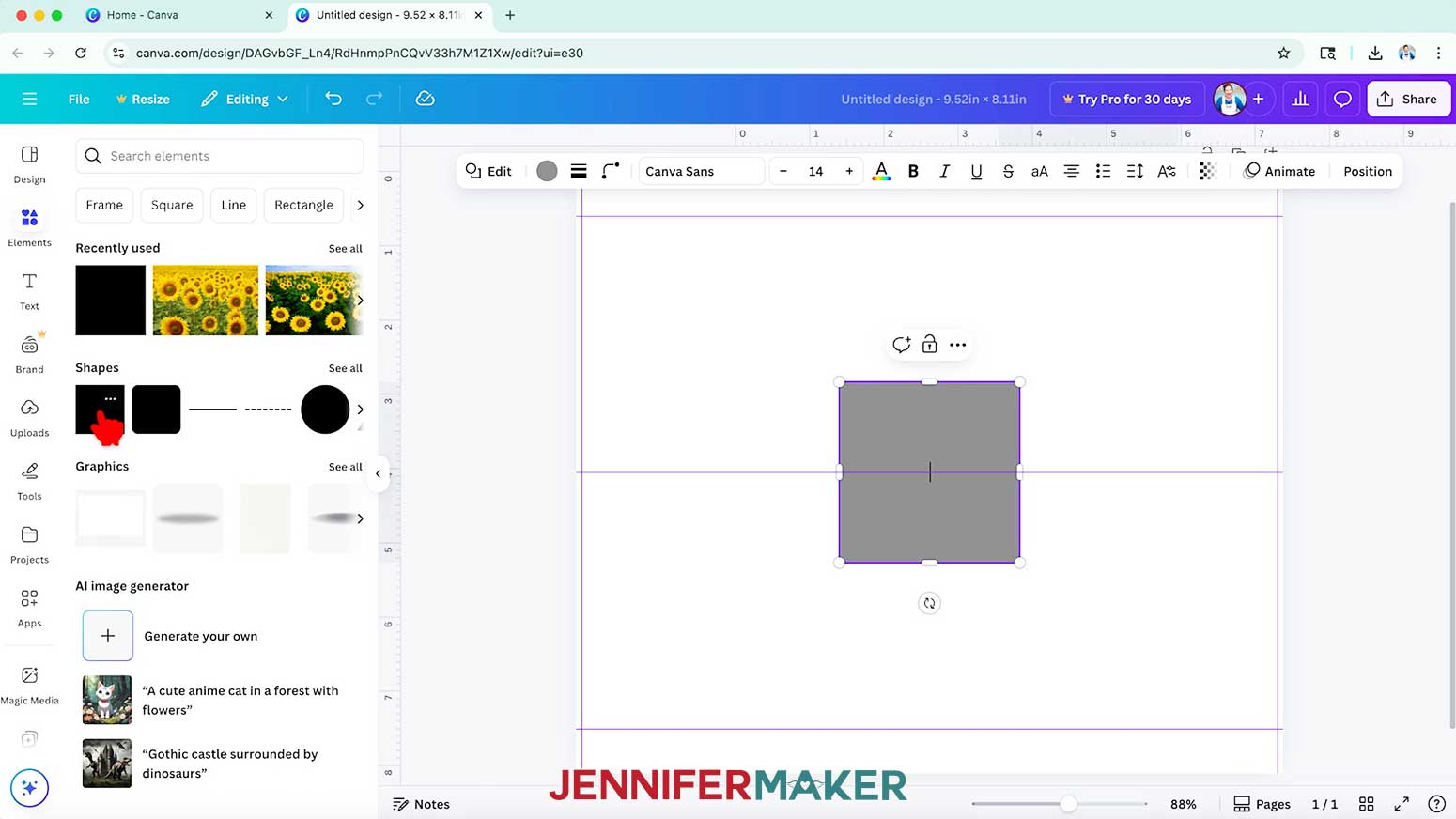 Click on “Elements,” browse to “Shapes,” and click a free Square to add it to your canvas for the Canva tumbler template.