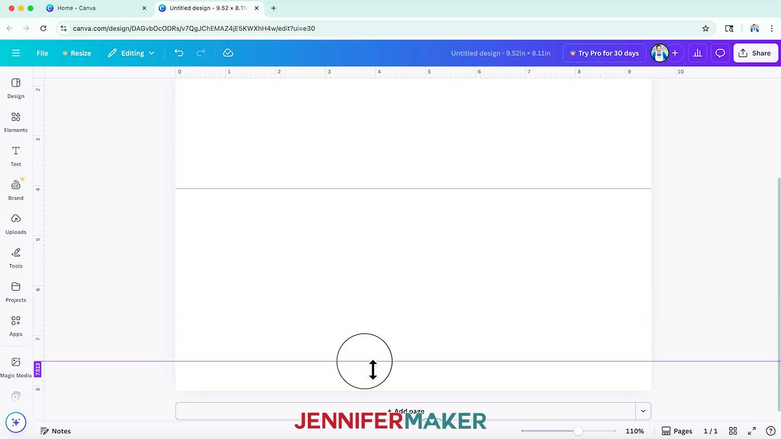 Click and drag from the top ruler to place guides at 0.6 inches and 7.51 inches for the top and bottom edge margins for your tumbler template.