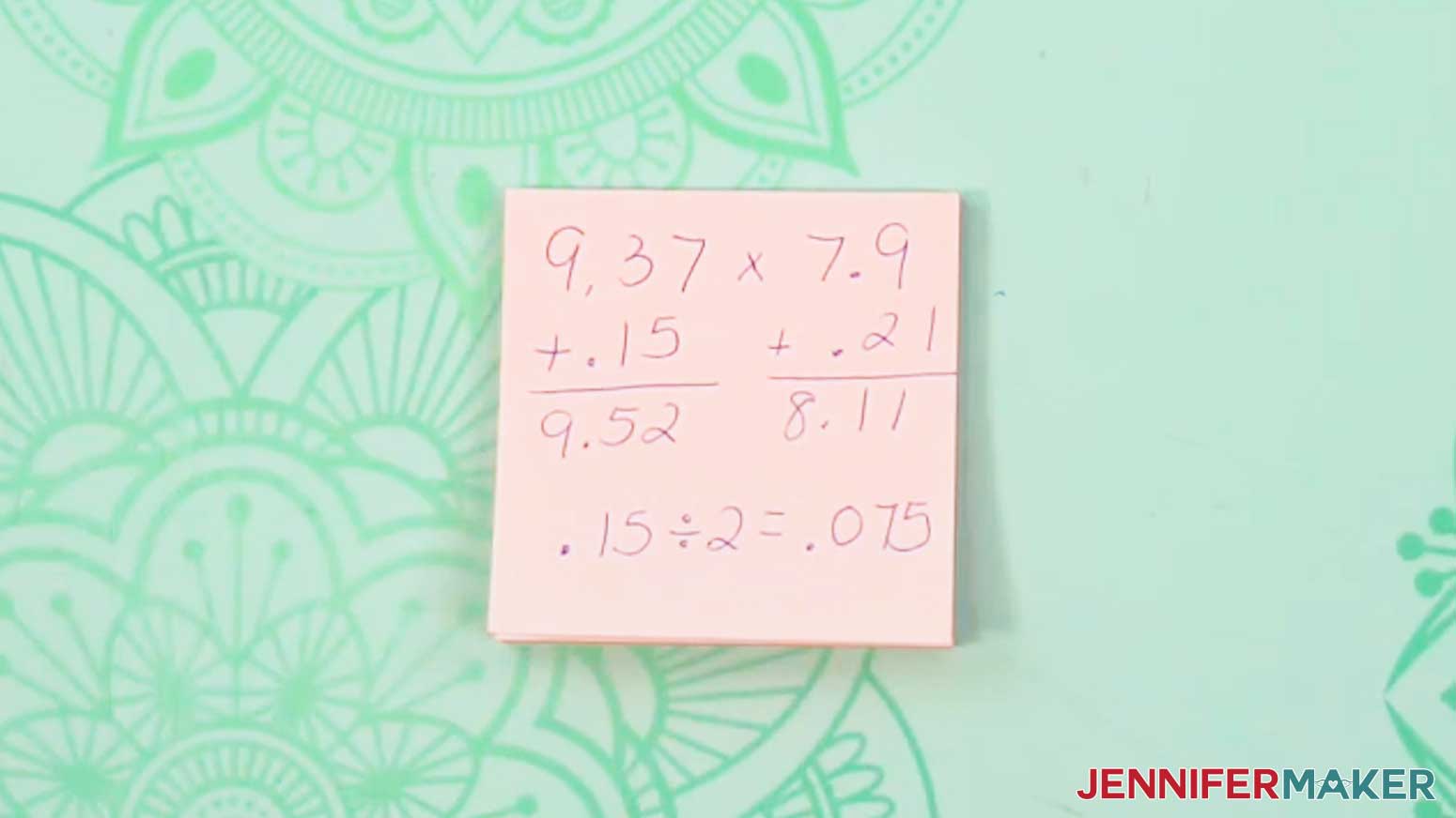 A sticky note showing math equations for placing the guides for the tumbler template's seam overlap.