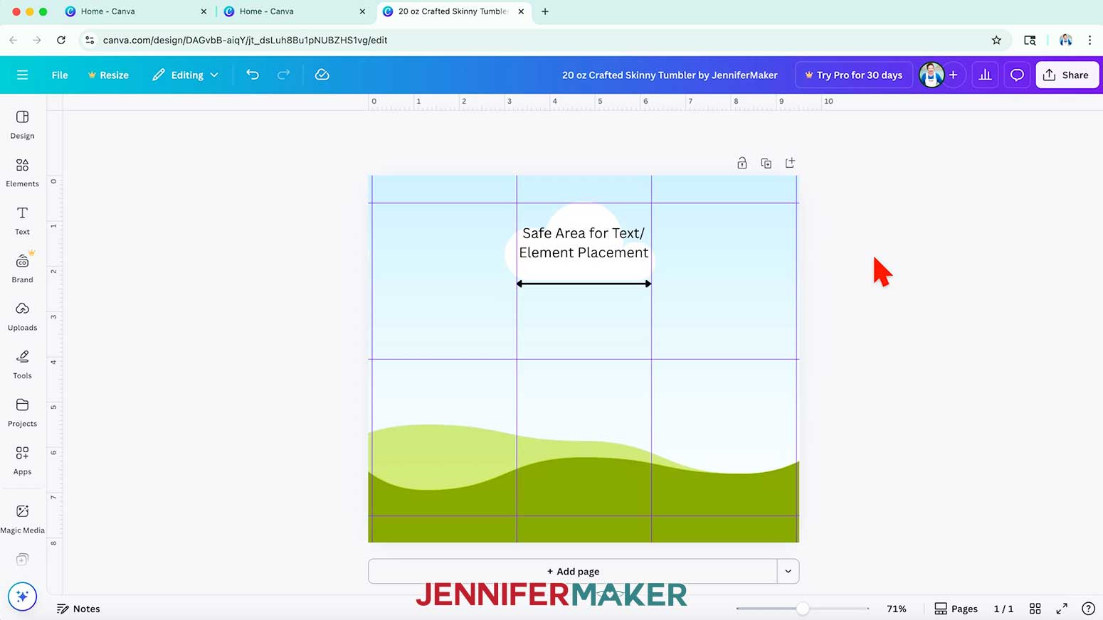 A copy of the tumbler template open in Canva with the file name “20 oz Crafted Skinny Tumbler by JenniferMaker.”