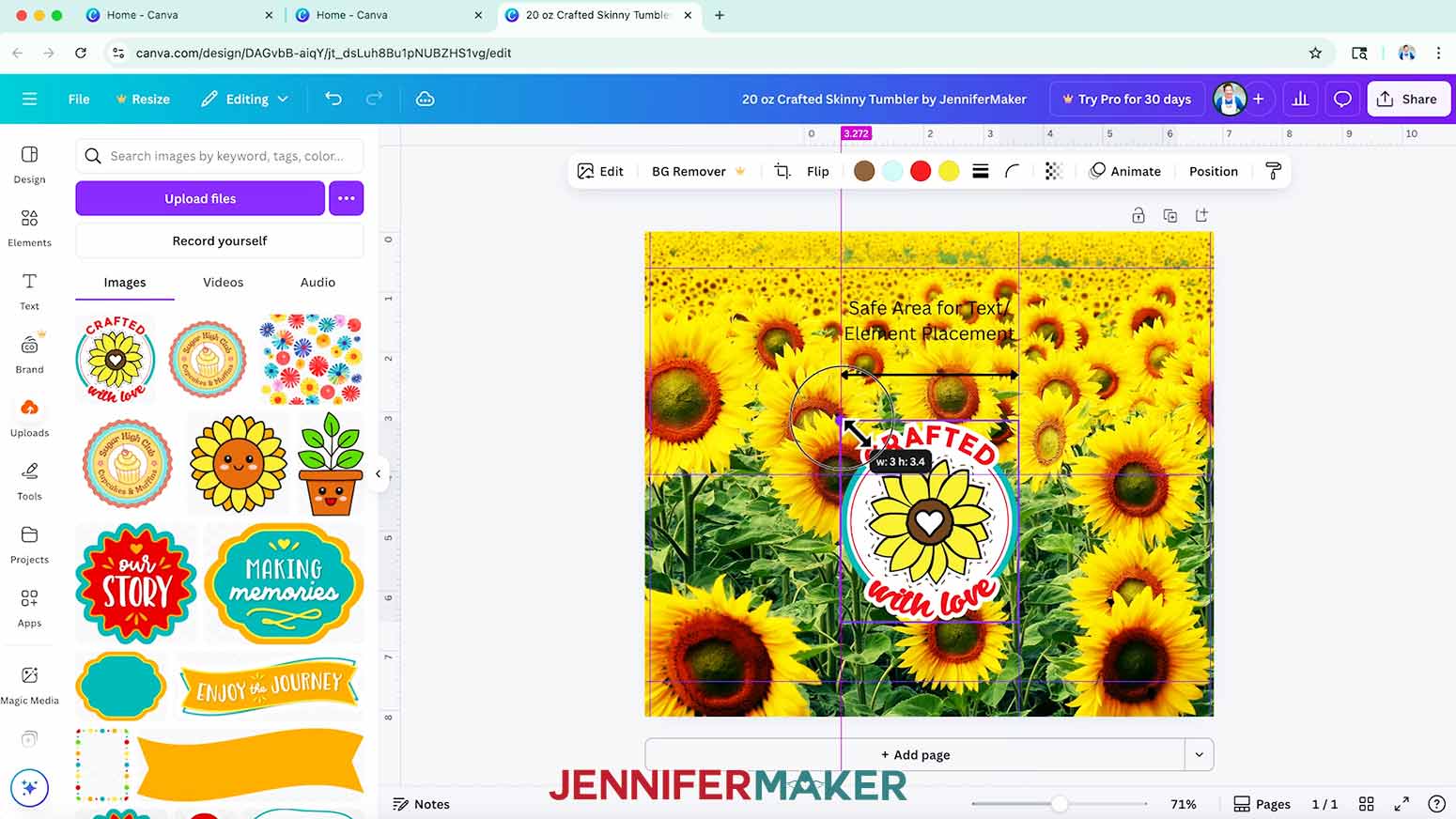 Add the “Crafted With Love” PNG from the Uploads panel in Canva to your tumbler design.