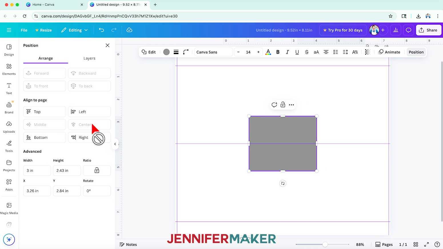 Click “Middle” and “Center” under the “Align to page” section to center the square on your Canva tumbler template.