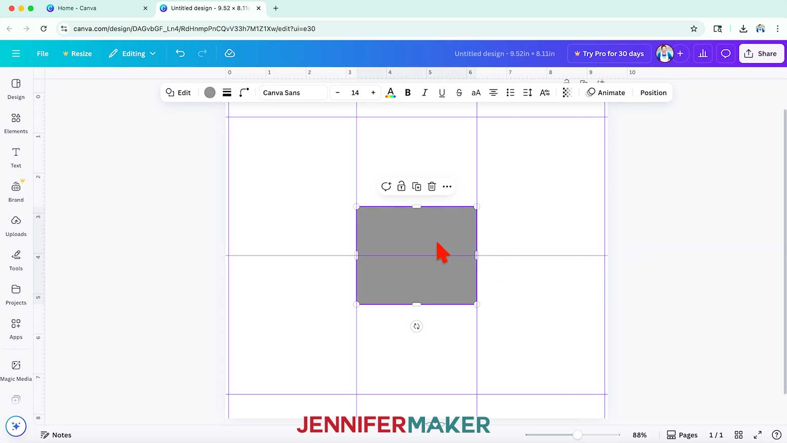 Select the square and click the “Trash” icon above it to delete it, leaving just a center vertical panel marking the safe area for your tumbler's text.