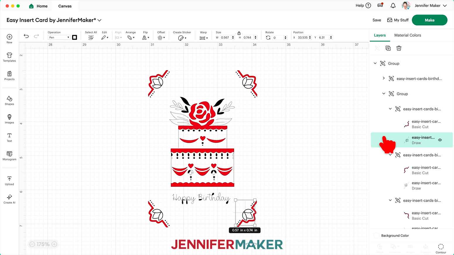 The corner on the birthday card is selected and bottom layer is set to draw.