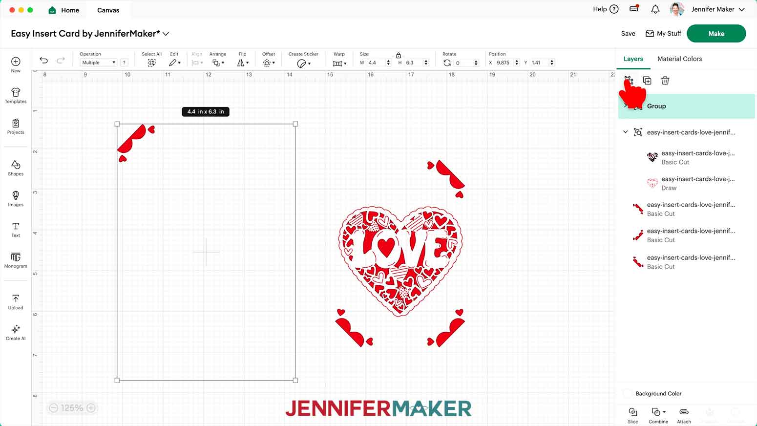 The guide and the left top corner are selected and the cursor hovers over the group icon in the layers menu.