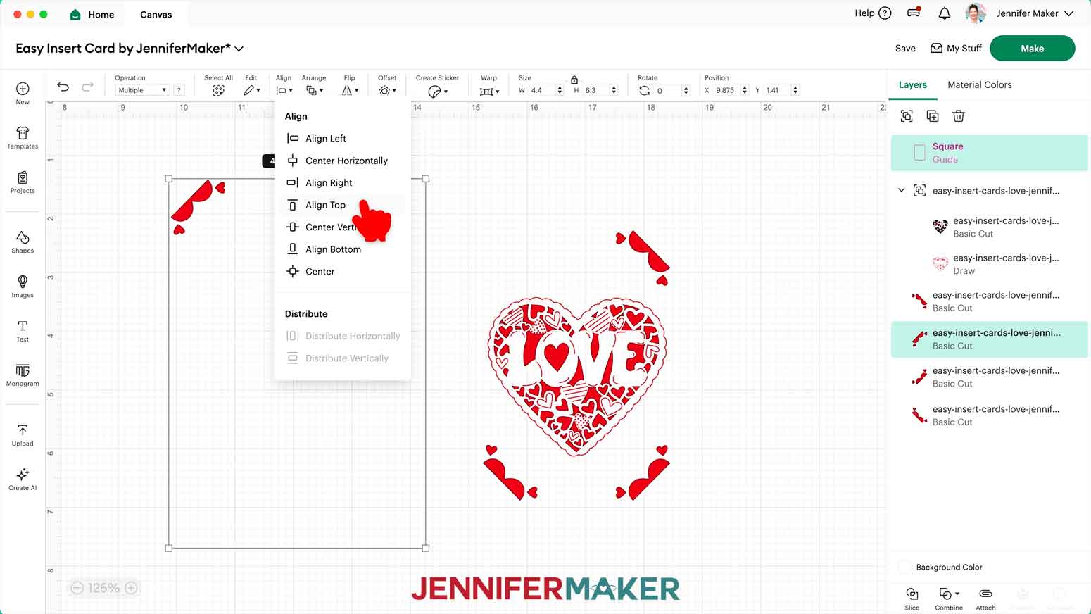 The top left corner has been placed roughly in the top left of the guide while the cursor hovers over the Top option in the Align drop down menu.