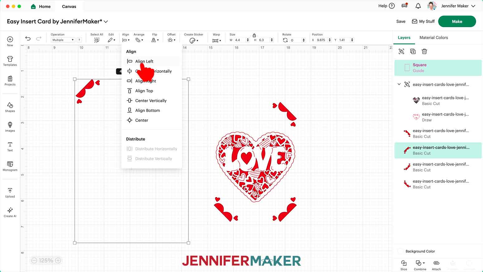 The corner has been aligned to the top and now the cursor hovers over the Left option in the Align drop down menu.